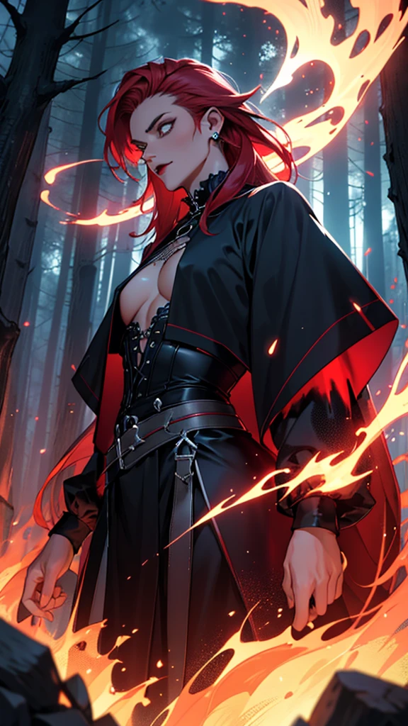 Ultra detailed, clothes details, spiders, fashion, goth, lattin drag queen, hole body, fire witch, long red hair, dark clothing, forest, night, magic, fight, pose