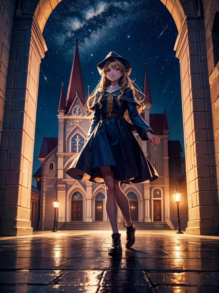 Highest quality,Highest Resolution,Beautiful Girl of the Wizard,In front of the church at night,