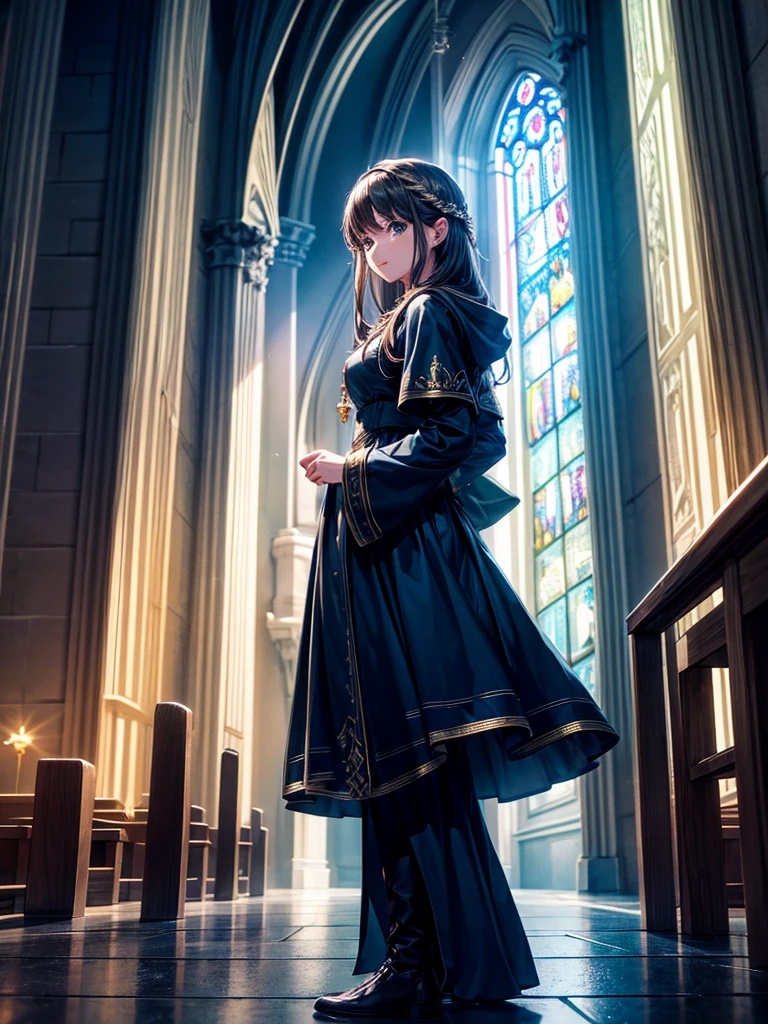 Highest quality,Highest Resolution,Beautiful Girl of the Wizard,In front of the church at night,