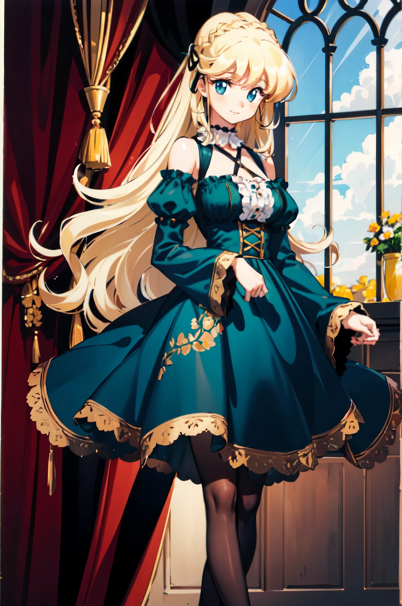 retro artstyle,, ultra detailed, masterpiece, best quality, aesthetic, detailed,, solo, soft smile, light smile,
1girl, blue eyes, very long hair, blonde hair, long blonde hair, french braid, bangs, medium breasts,, hair ribbon, frilled choker, criss-cross halter, sleeveless dress, high-waist skirt, backless dress, waist bow, detached sleeves, frilled sleeves, wide sleeves, pantyhose, patterned legwear, mary janes,