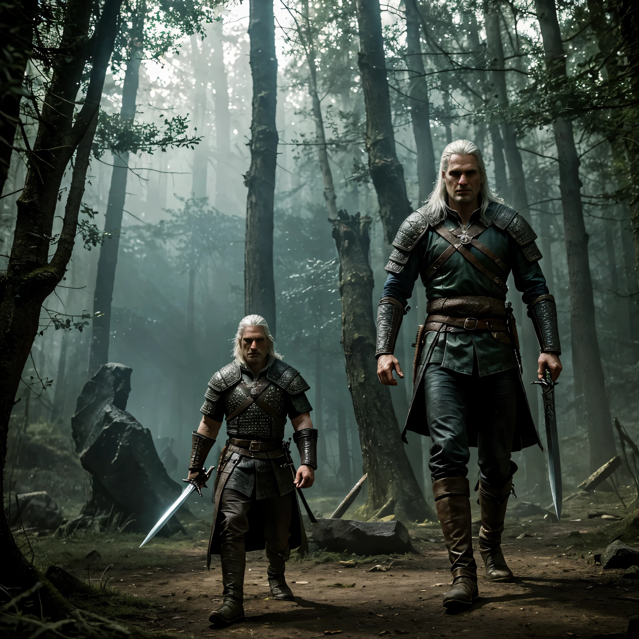"Imagine the scene, where Geralt of Rivia finds himself in the heat of battle with monsters or enemies. Describe him with a sword in his hand, ready to fight, focused and lively. Include environmental details - maybe an enchanted forest, ruined castle or other fantasy location. It is important to convey the tension and atmosphere of battle in the image."