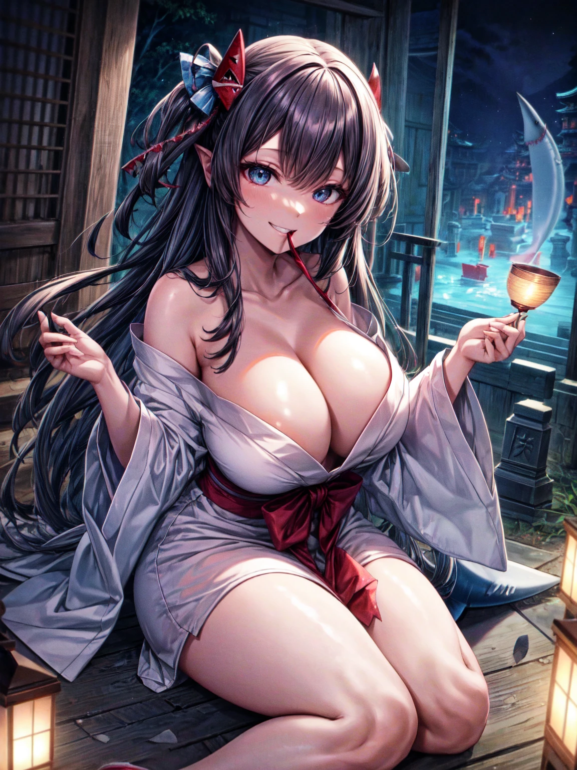 Masterpiece, detailed anime poster, Cute demon-girl, (((wide smile, with extremely detailed sharp shark-teeth in her mouth))), 1girl,solo,huge breasts, ghost costume , (hitodama) ,night, tombstone, graveyard,,, long sleeves, very long sleeves, , ghost, pale skin,, off shoulder, cleavage, no bra, extremely long white hair, sitting on tombstone, bare legs, shredded tattered clothes, curvy wide hips, massive breasts, chubby thighs, beautiful pink anime eyes,  japanese temple,