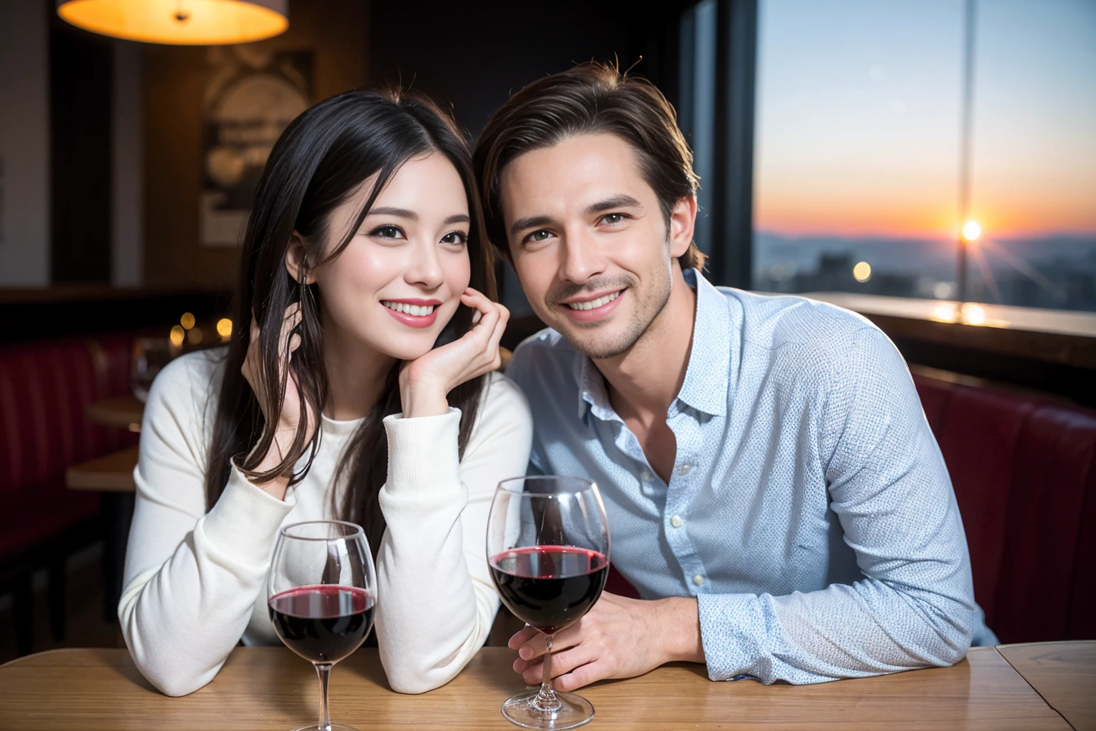 ((Highest quality、8K、masterpiece:1.3))、1 male 1 female、lover、Beautiful couple、Happy smile、full-course dinner、 (Slim face), (the body is スリム), (Brown Hair), (Shortcuts), ((Bob Hale、Straight hair:1.2)), テーブルの上のwine glass、Put the light on your face、 Amazing view of the sunset sky and clouds、The beauty of a smile、Bright image、Blushing, Shortcuts, (Age 35), 39 years old, Appetizers、Italian food、Wine bottle、Champagne、sparkling wine、Long sleeve shirt、dress、Attractive beauty、restaurant, Nova Frog Style, actress, model, Upper Body, White wine, red wine, wine glass,