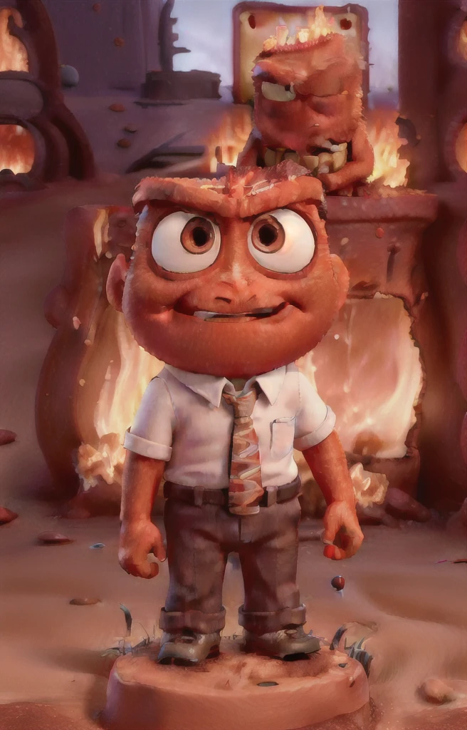 work of art, best qualityer, (( anger_InsideOut:1.3), (very short legs:1.5), (very short boy), flat head, (standing alone), red skinned, white shirt, Brown pants, necktie, standing alone, (Furiosa, fire_body hair) ), shiny glass sphere on background, pixar, animated cartoon, 3d, render, sfw,