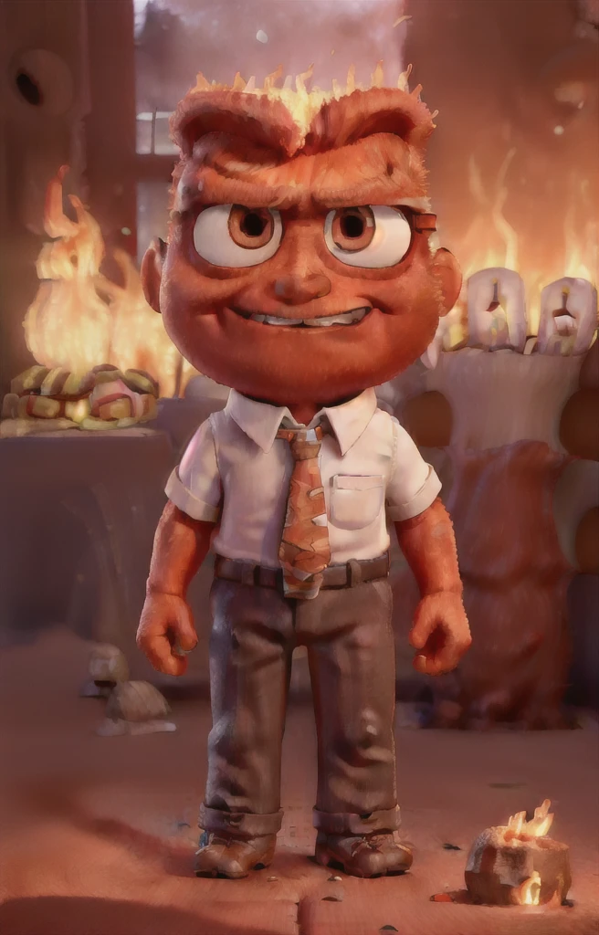 work of art, best qualityer, (( anger_InsideOut:1.3), (very short legs:1.5), (very short boy), flat head, (standing alone), red skinned, white shirt, Brown pants, necktie, standing alone, (Furiosa, fire_body hair) ), shiny glass sphere on background, pixar, animated cartoon, 3d, render, sfw,