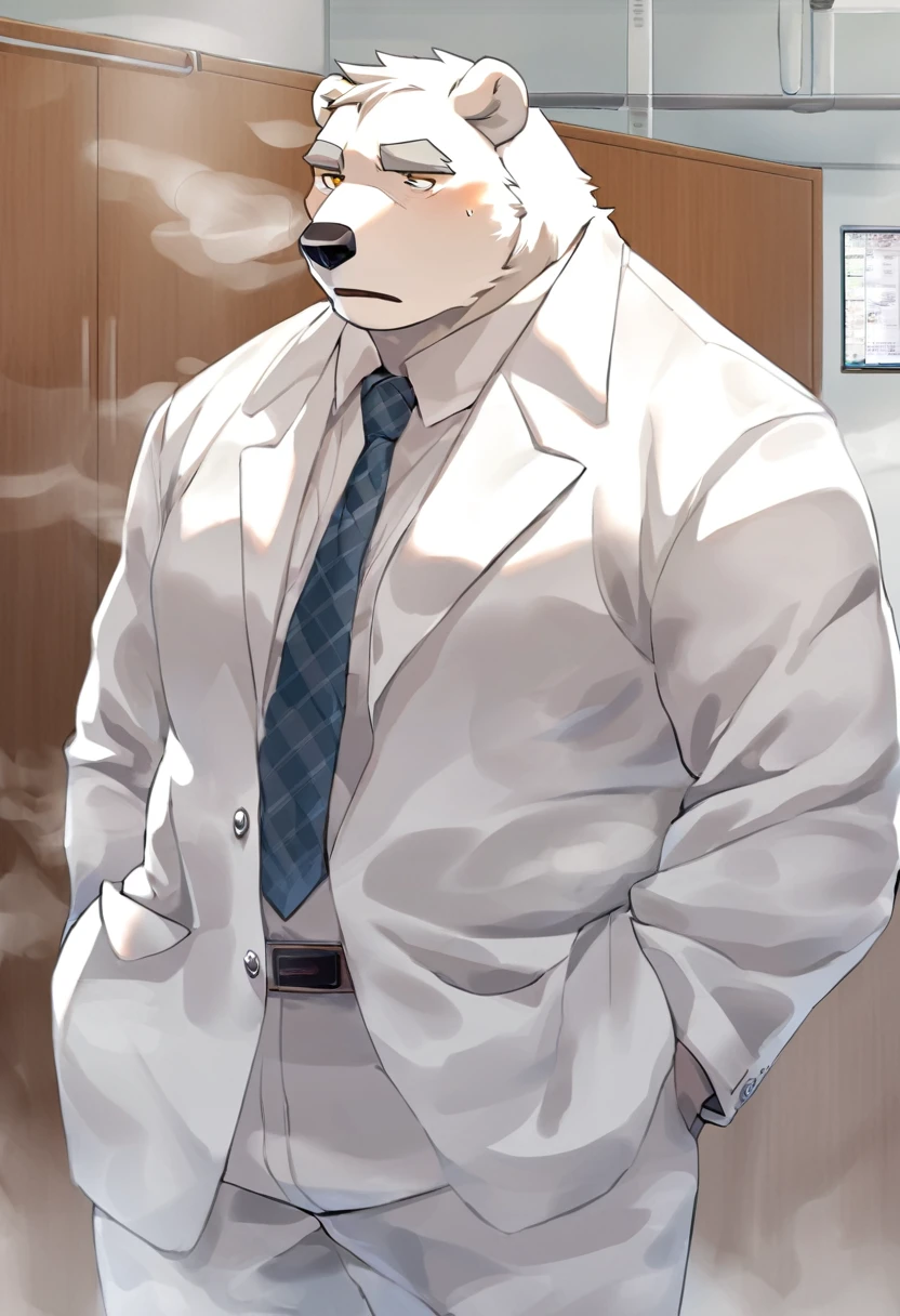 polar bear,personification,Mature male,Strong Man,White hair,naked,Cold expression,Golden pupils,Gray eyebrows,White suit suit,Hands in pockets,The Age of Steam,Hospital Office。