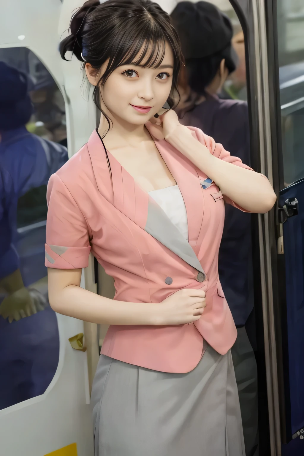 (masterpiece:1.2, Highest quality:1.2), 32k HDR, High resolution, (alone、1 girl)、 (Height: 160cm)、（On the rooftop of a building in the daytime、Professional Lighting）、Building rooftop background、（Nankai train crew uniform pinkを着たリアルスタイル）、（Nankai train crew uniform pink short sleeve collarless pink jacket、Nankai Train Crew Uniform Pink Collarless Short Sleeve Blouse、Nankai Train Crew Uniform Pink Grey Knee-length Culottes）、（The pink jacket is showing from the culottes.）、Dark brown hair、（Long hair that goes up to the chest、Let your hair down）、Long Shot、Big Breasts、Thin legs、（（Great hands：2.0）），（（Harmonious body proportions：1.5）），（（Normal limbs：2.0）），（（Normal finger：2.0）），（（Delicate eyes：2.0）），（（Normal eyes：2.0））)、smile、（Nankai Train Crew Uniform Pink Grey Knee-length Culottesを見せた美しい歩く姿）、Place your hands around your stomach