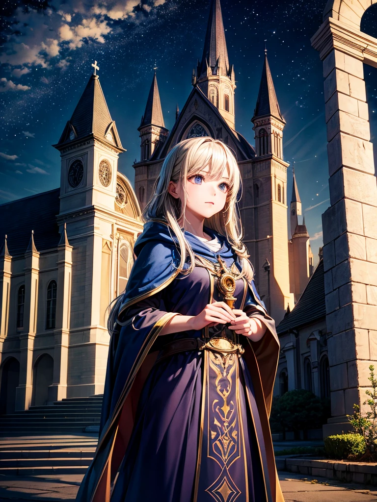 Highest quality,Highest Resolution,Beautiful Girl of the Wizard,In front of the church at night,