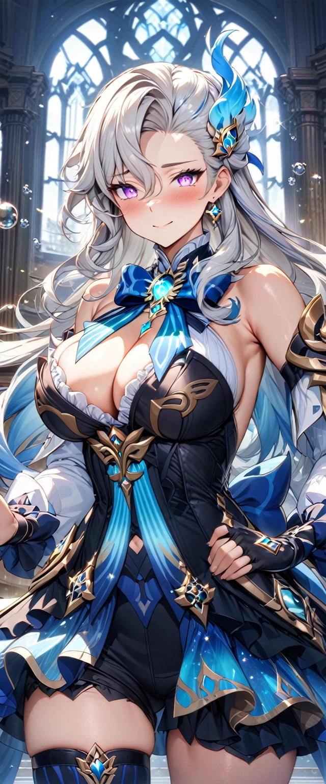 (masterpiece), best quality, expressive eyes, perfect face,1girl,neuvillette,genshin impact,courtroom,water bubbles in the air,giant water bubbles,shy smile,blush,cowboy shot,glowing eyes,big breasts,cleavage,long hair,sapphire gems,bare shoulders,(magical girl:1.4),frilled dress,(showgirl skirt:1.2),studio lighting,(sparkle:0.9),(glitter:0.9)