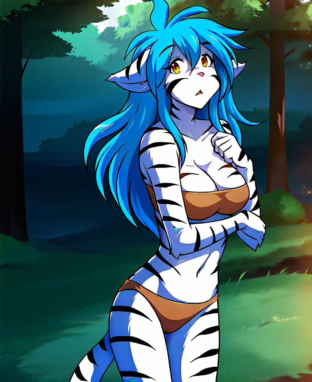 score_9, score_8_up, score_7_up, score_6_up, score_5_up, score_4_up, rating_explicit, source_furry, female, cute anthro female, cute face, detailed background, looking at viewer, solo, solo focus, (no nipples, no vagina:1.4), (digital pen line-art, soft lines, soft shading, pinup, cartoon, anime:1.3), tktigertrace, anthro, keidran, tiger, (white fur:1.2), striped fur, long blue hair, busty, long hair, tail, forest, (bandeau, tribal outfit:1.3), midriff,
