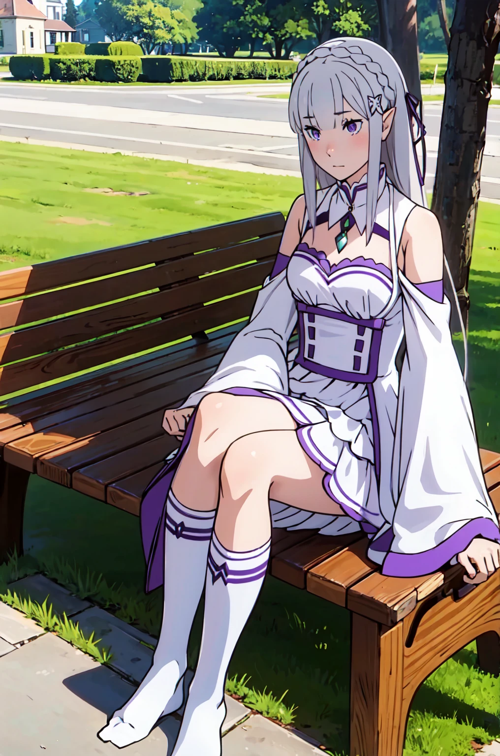 Absurd, High resolution, Super detailed, Emilia, Gray Hair, Purple eyes, Long Hair, Medium chest, Hair Flowers, hair ornaments, Hair Ribbon, White Dress, Detachable collar, Wide sleeves, White knee socks, View your viewers, Sitting, bench, Outdoor, wood