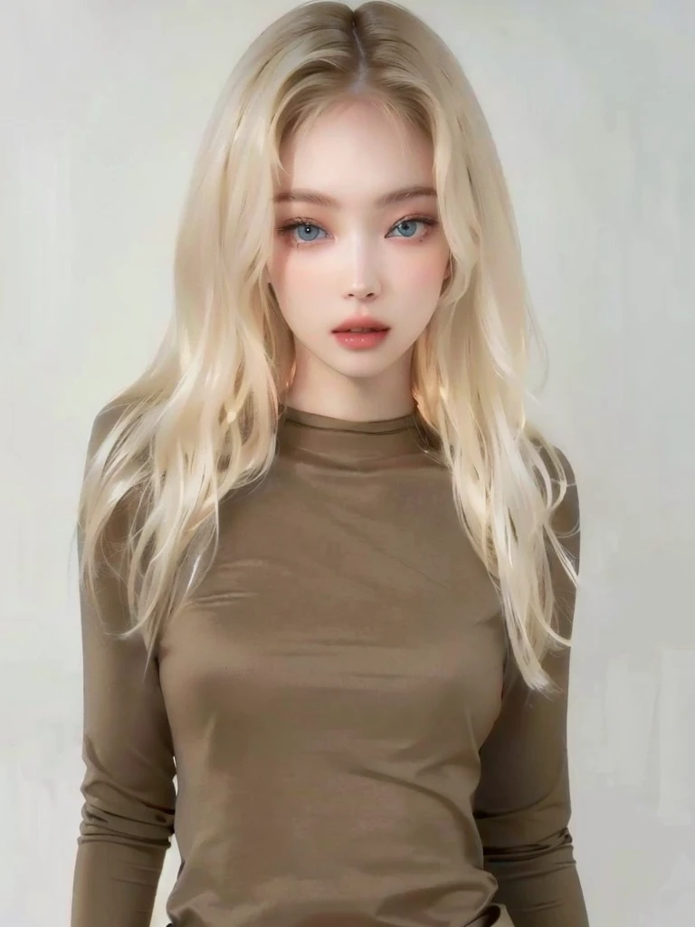A closeup of a woman with long blonde hair wearing a brown top, 2 4 year old female model, Yelena Belova, non-binary model, Ava Max, pale skin curly blonde hair, blonde goddess, with pale skin, blonde girl, Anna Nikonova aka Newmilky, pale woman, un non-binary model épico, pale and light skin!!, tight shirt