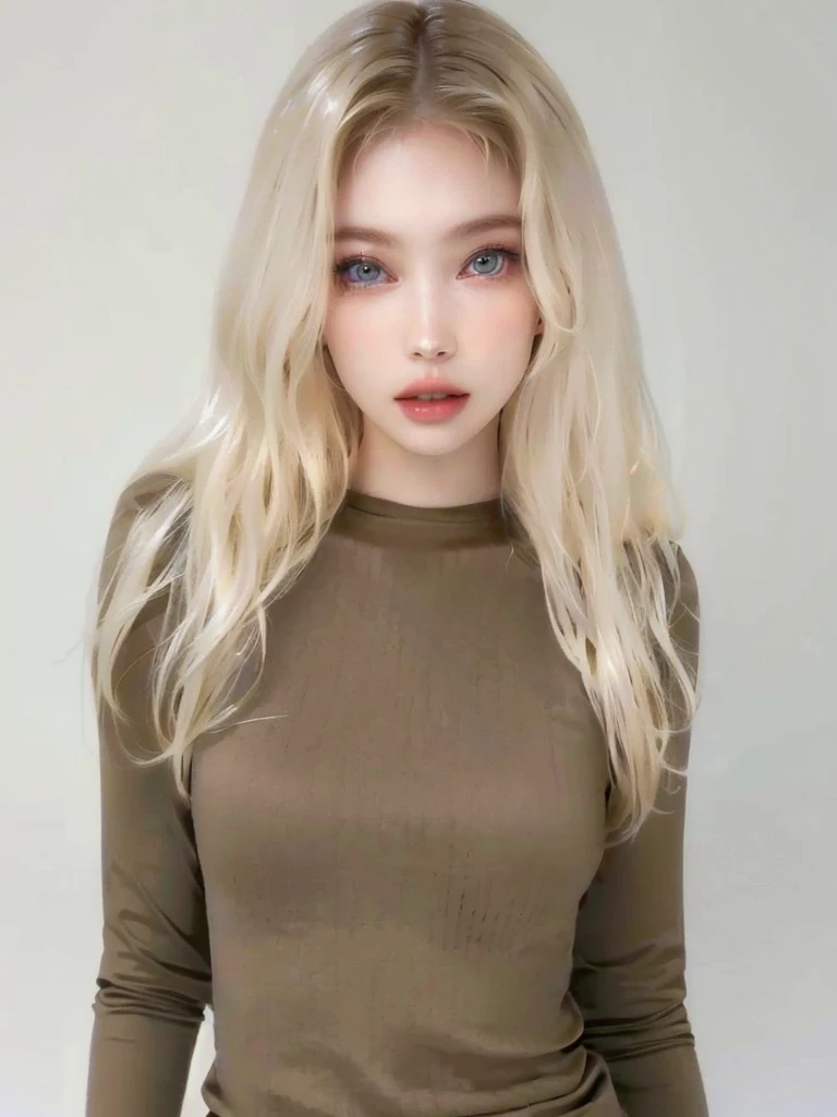 A closeup of a woman with long blonde hair wearing a brown top, 2 4 year old female model, Yelena Belova, non-binary model, Ava Max, pale skin curly blonde hair, blonde goddess, with pale skin, blonde girl, Anna Nikonova aka Newmilky, pale woman, un non-binary model épico, pale and light skin!!, tight shirt