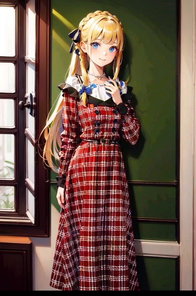 v1ntag3pla1d, plaid dress, smile, Marina_Lucce_Maxetto_OC, 1girl, solo, blonde, very long hair, french braid, hair ribbon,, ultra detailed, masterpiece, best quality, aesthetic, detailed,