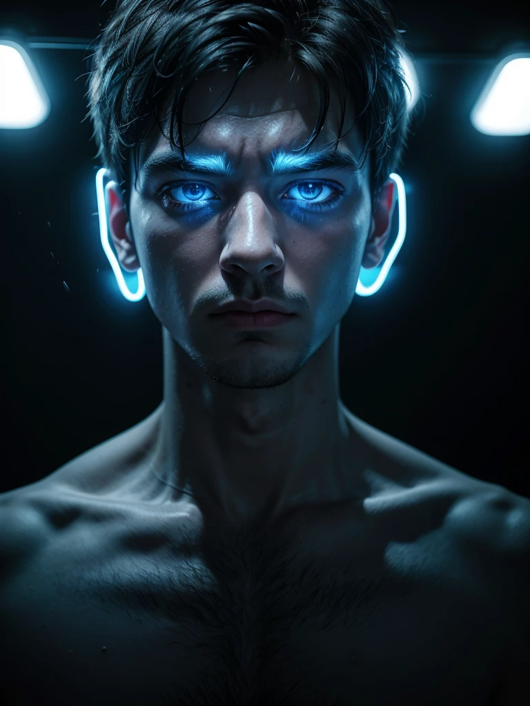 Man face with blue neon lights on a dark background and with a lethal drearm with a determined expression 