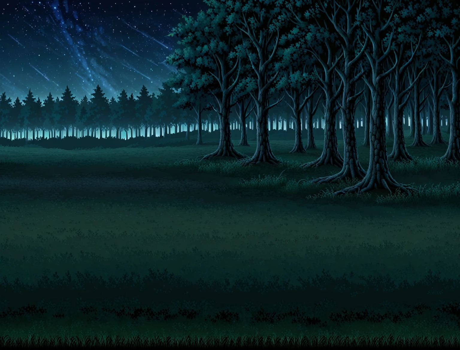 Side view of a forest battleback, background, clean and plain floor, medieval forest battleback, at night, night sky, clean sky, side-view, masterpiece, trees in background