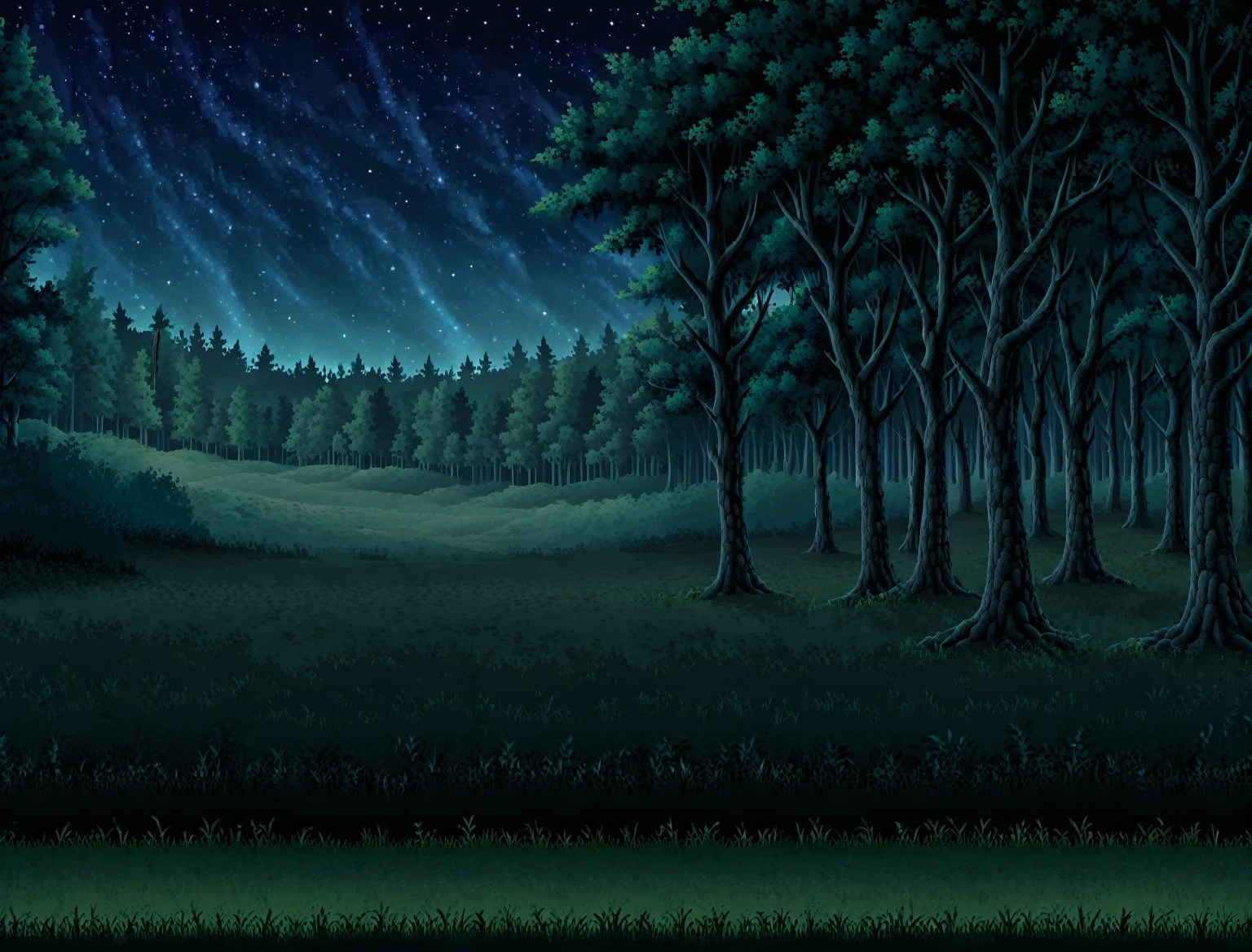 Side view of a forest battleback, background, clean and plain floor, medieval forest battleback, at night, night sky, clean sky, side-view, masterpiece, trees in background