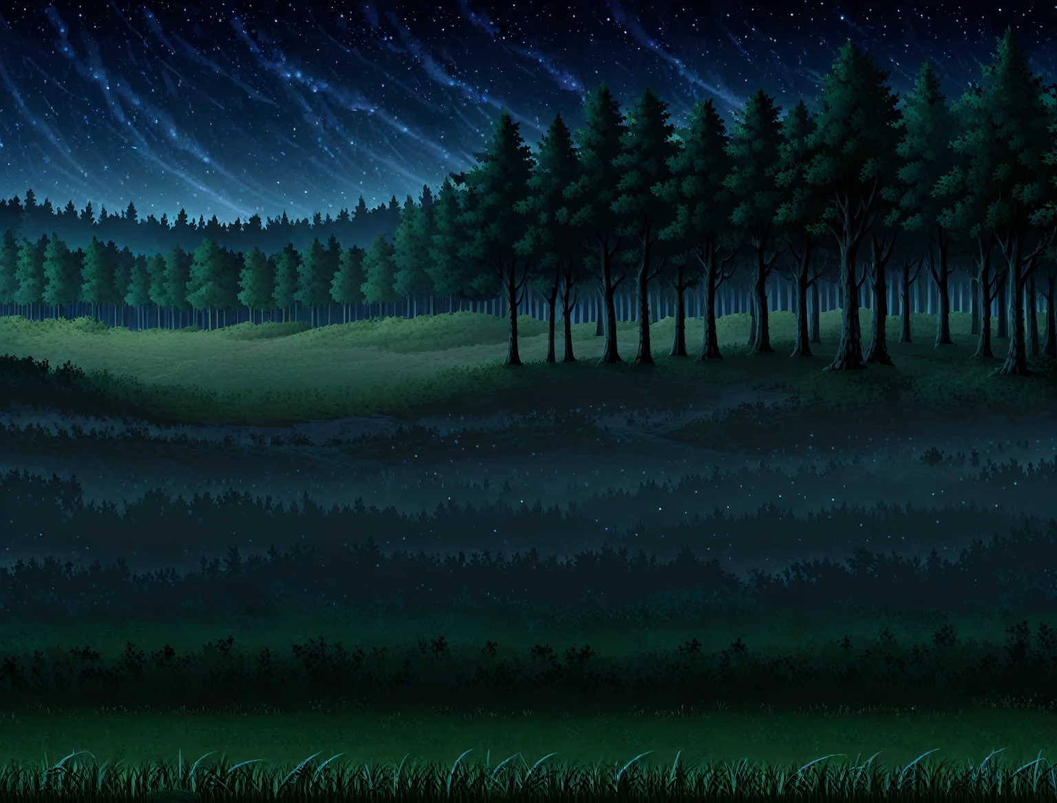 Side view of a forest battleback, background, clean and plain floor, medieval forest battleback, at night, night sky, clean sky, side-view, masterpiece, trees in background