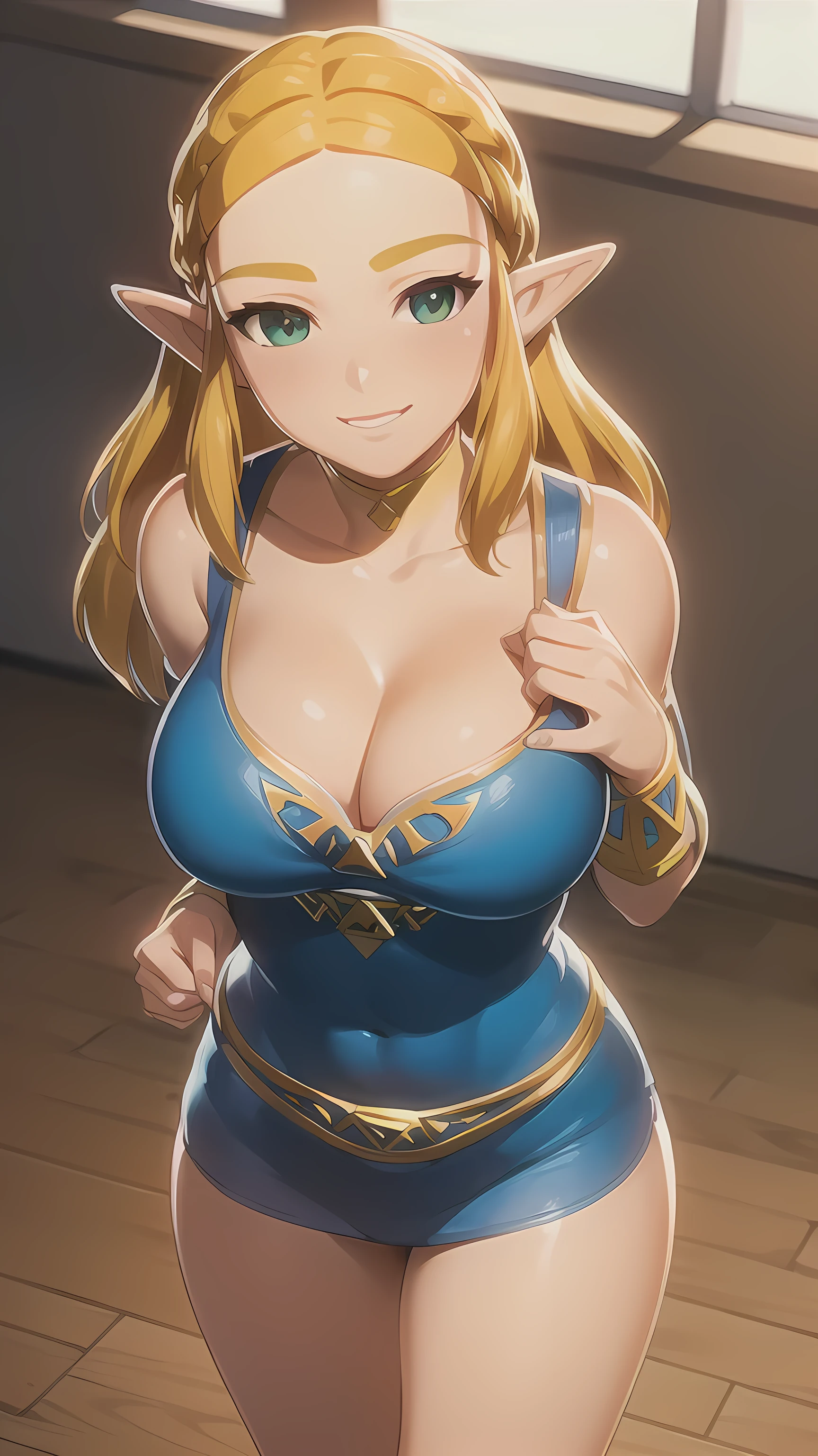 ((masterpiece)),(illustration),(((best quality)),iridescent, high resolution illustration,Amazing,highres,intricate detail, extremely detailed CG unity 8k wallpaper ((zelda)), full body, large breasts, (delicate cute face), blond long hair, lovestruck,(green eyes), smile, joyful, , narrow waist, young girl, 15 year oluctive, cleavage, big smile, happy, smiling, tight body, wavy hair, classroom, sexy pose, cleavage, facing viewer, athletic, sexy superman outfit