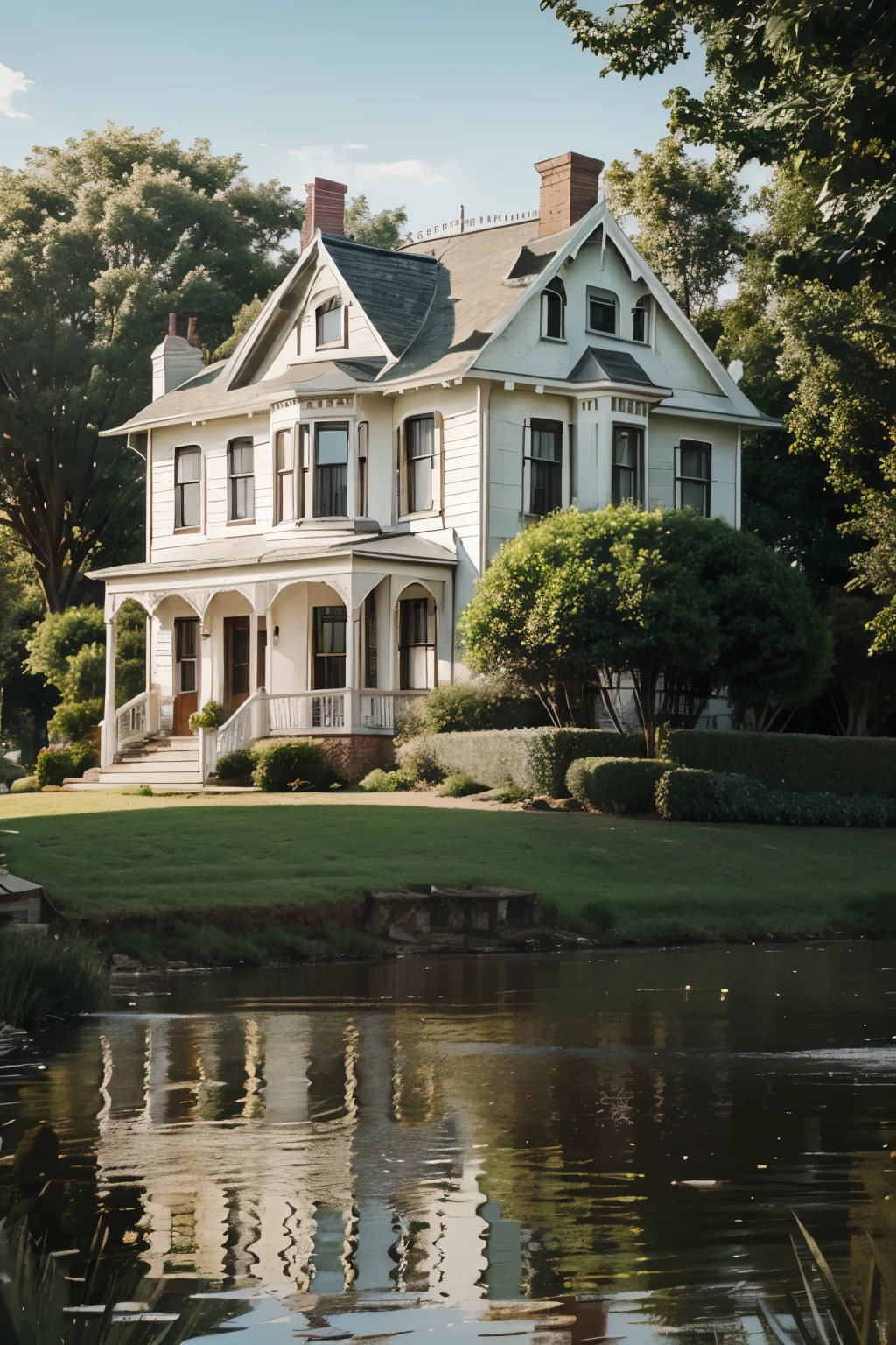 Realistic illustration of a white Victorian style house by the river, with two young people dragging another young man into the distance. 