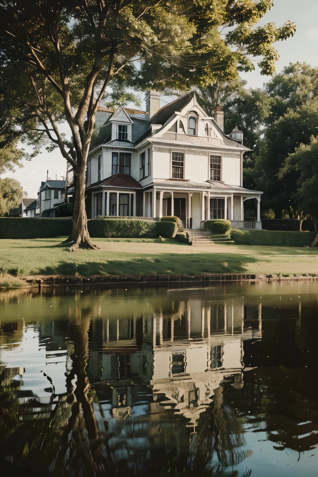 Realistic illustration of a white Victorian style house by the river, with two young people dragging another young man into the distance. 