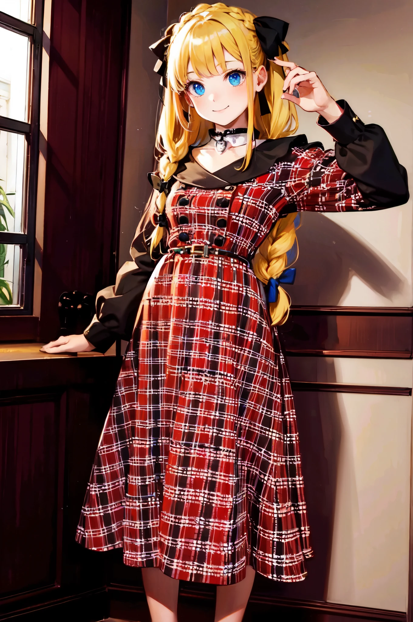 v1ntag3pla1d, plaid dress, smile, Marina_Lucce_Maxetto_OC, 1girl, solo, blonde, very long hair, french braid, hair ribbon,, ultra detailed, masterpiece, best quality, aesthetic, detailed,