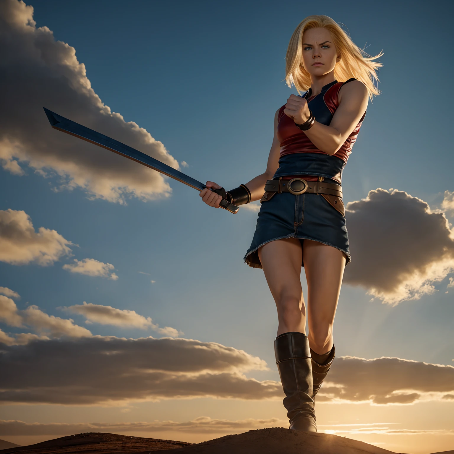 Android 18, Also known as Number 18, He is an imposing character in the saga "Dragon Ball". He has a distinctive appearance with his light blonde hair, short and straight, and his blue eyes. His expression is often cold and determined., reflecting your strength and confidence. In an epic action pose, you could imagine her in a fighting stance, perhaps with one leg back ready to attack, one hand clenched into a fist and the other extended forward, showing his determination and fighting prowess.The environment could be a desolate land, with dark sky and dust clouds around, further highlighting her imposing presence and her perfection as a fighter. This type of representation captures his essence as one of the most formidable and charismatic characters in the series..