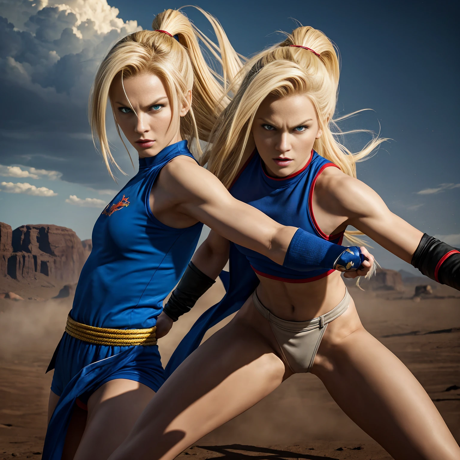 Android 18, Also known as Number 18, He is an imposing character in the saga "Dragon Ball". He has a distinctive appearance with his light blonde hair, short and straight, and his blue eyes. His expression is often cold and determined., reflecting your strength and confidence. In an epic action pose, you could imagine her in a fighting stance, perhaps with one leg back ready to attack, one hand clenched into a fist and the other extended forward, showing his determination and fighting prowess.The environment could be a desolate land, with dark sky and dust clouds around, further highlighting her imposing presence and her perfection as a fighter. This type of representation captures his essence as one of the most formidable and charismatic characters in the series..