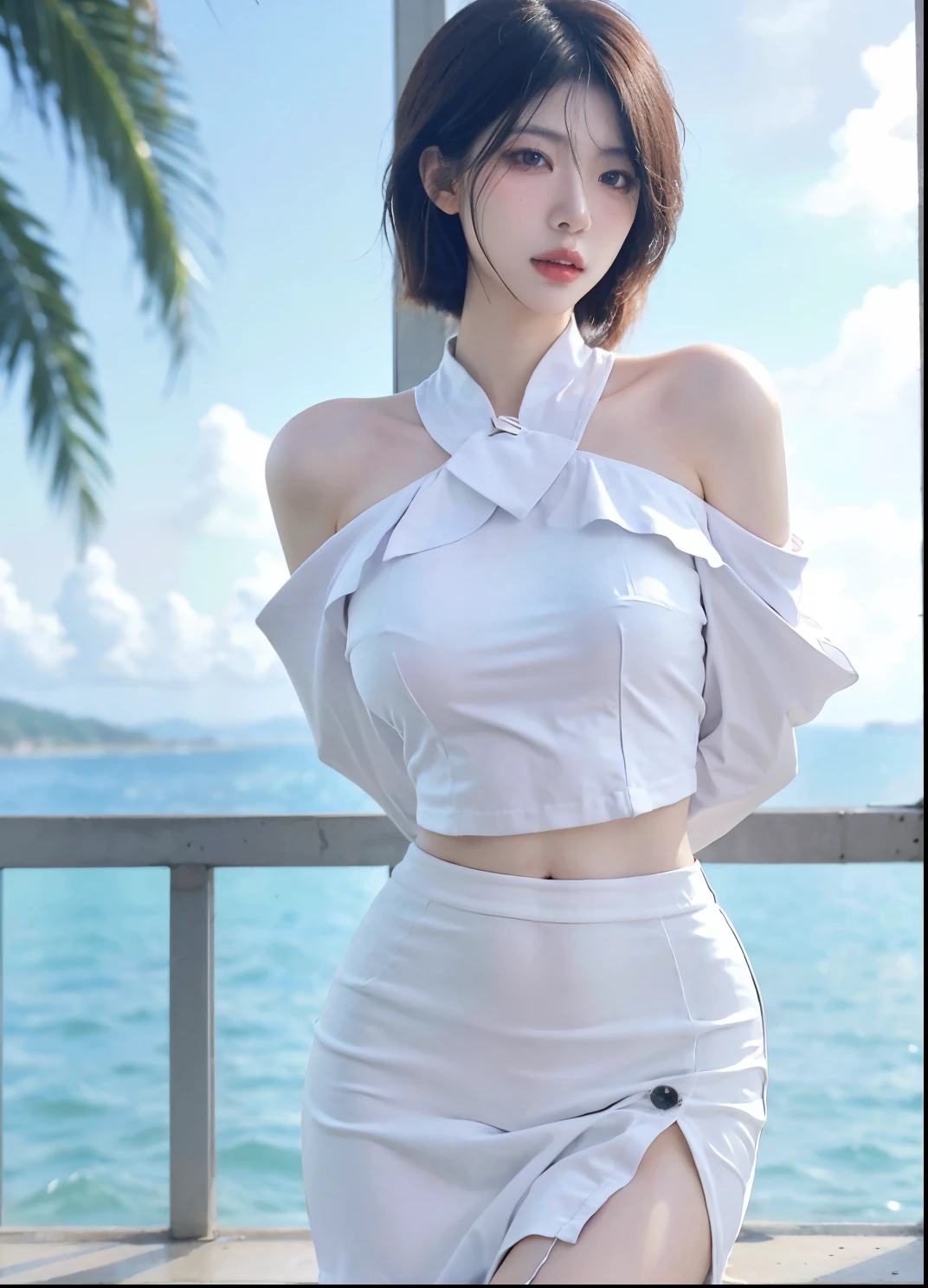 Beautiful woman with perfect figure:1.4,Ultra-high resolution,Put your hands behind your back,Ocean background,(Realism:1.4),Layered hairstyle,White skin,JK:1.5,Super short pleated skirt,whole body:1.4,Very delicate and skin texture,Double eyelids,Skin Whitening,Long hair,White hair