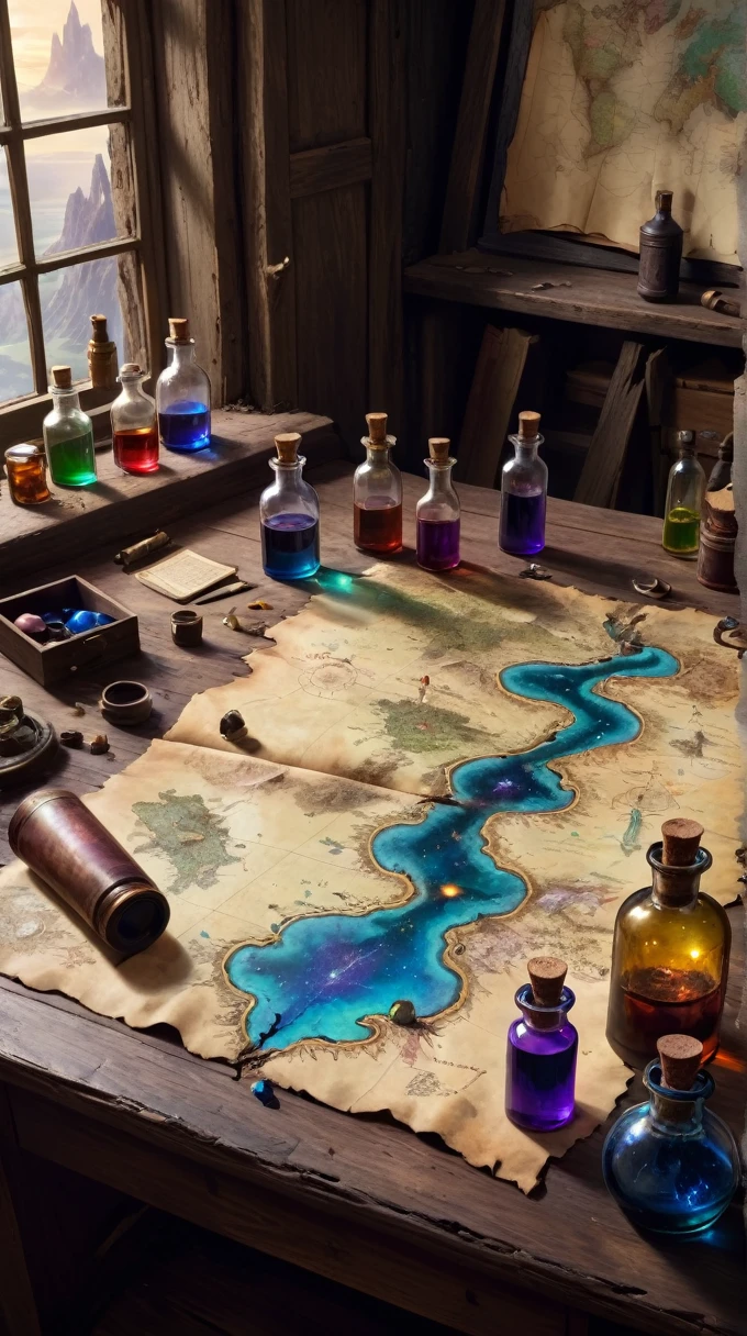 a magical map leading to a mysterious land, torn and worn, sitting on a wizard's desk, spilled multicolored ink, bottles,flasks, high quality, imagination, 8k, fantasy art