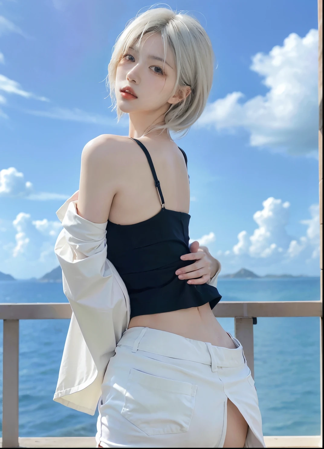 Beautiful woman with perfect figure:1.4,Ultra-high resolution,Put your hands behind your back,Ocean background,(Realism:1.4),Layered hairstyle,White skin,JK:1.uper short pleated skirt,whole body:1.4,Very delicate and skin texture,Double eyelids,Skin Whitening,Long hair,White hair