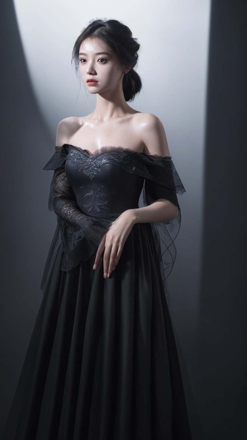 Best quality, masterpiece, ultra high res, (photorealistic:1.4), raw photo, 1girl, offshoulder, in the dark, deep shadow, low key, cold light, detailed skin, majestic dress