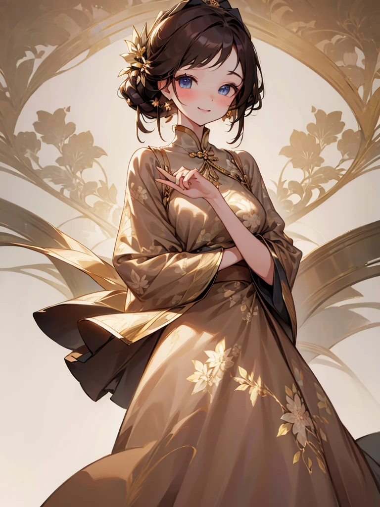 Masterpiece, high quality, A beautiful young woman, She is wearing a brown dress with a floral pattern, smiling Kindly, slender, perfect face, perfect hands, the background is a bright cafe