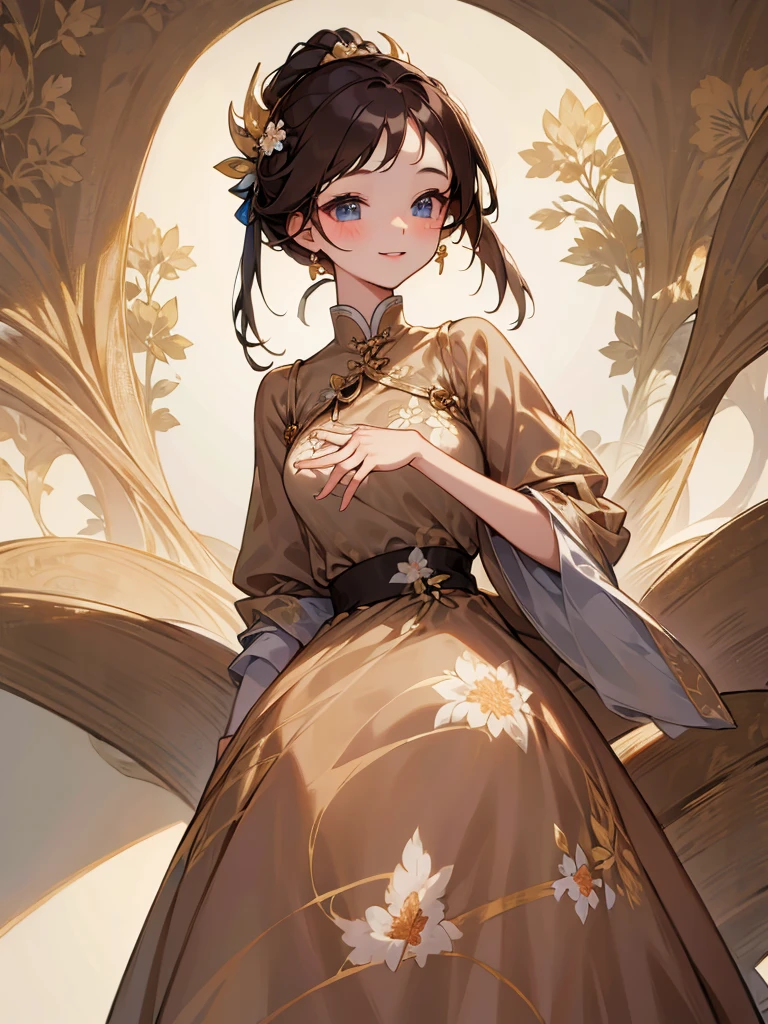 Masterpiece, high quality, A beautiful young woman, She is wearing a brown dress with a floral pattern, smiling Kindly, slender, perfect face, perfect hands, the background is a bright cafe