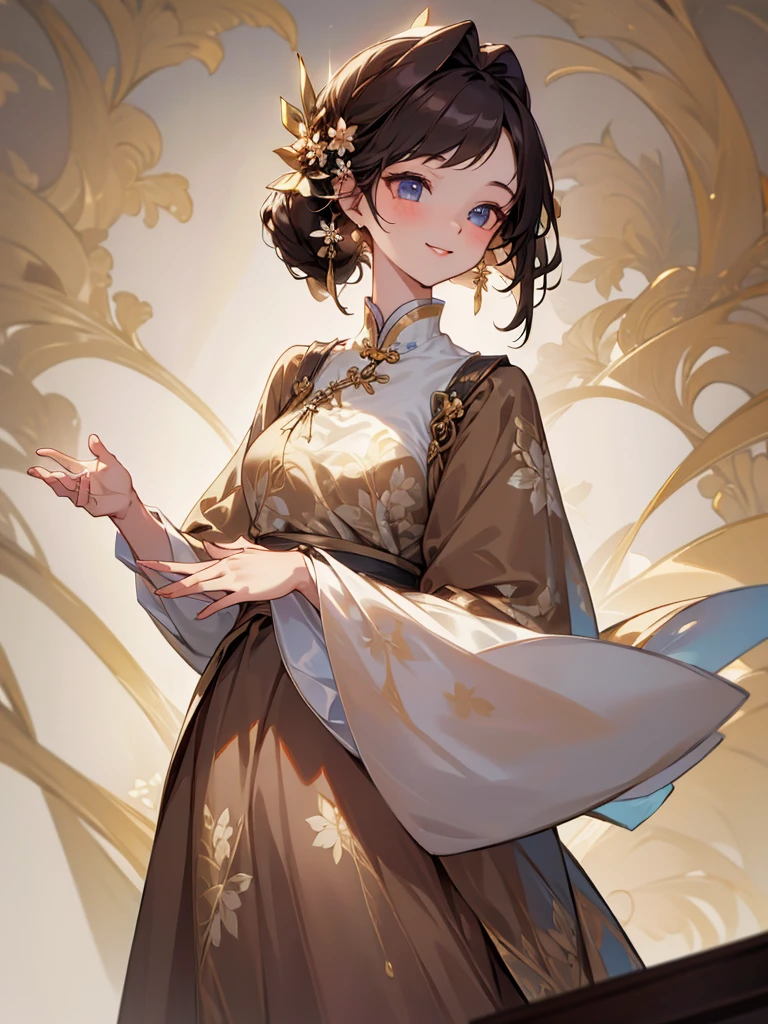 Masterpiece, high quality, A beautiful young woman, She is wearing a brown dress with a floral pattern, smiling Kindly, slender, perfect face, perfect hands, the background is a bright cafe