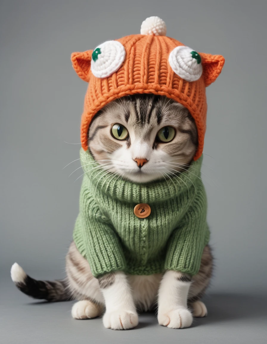 A cute cat dressed up wearing a knit yoshi hat, anatomically correct, super detail, high quality