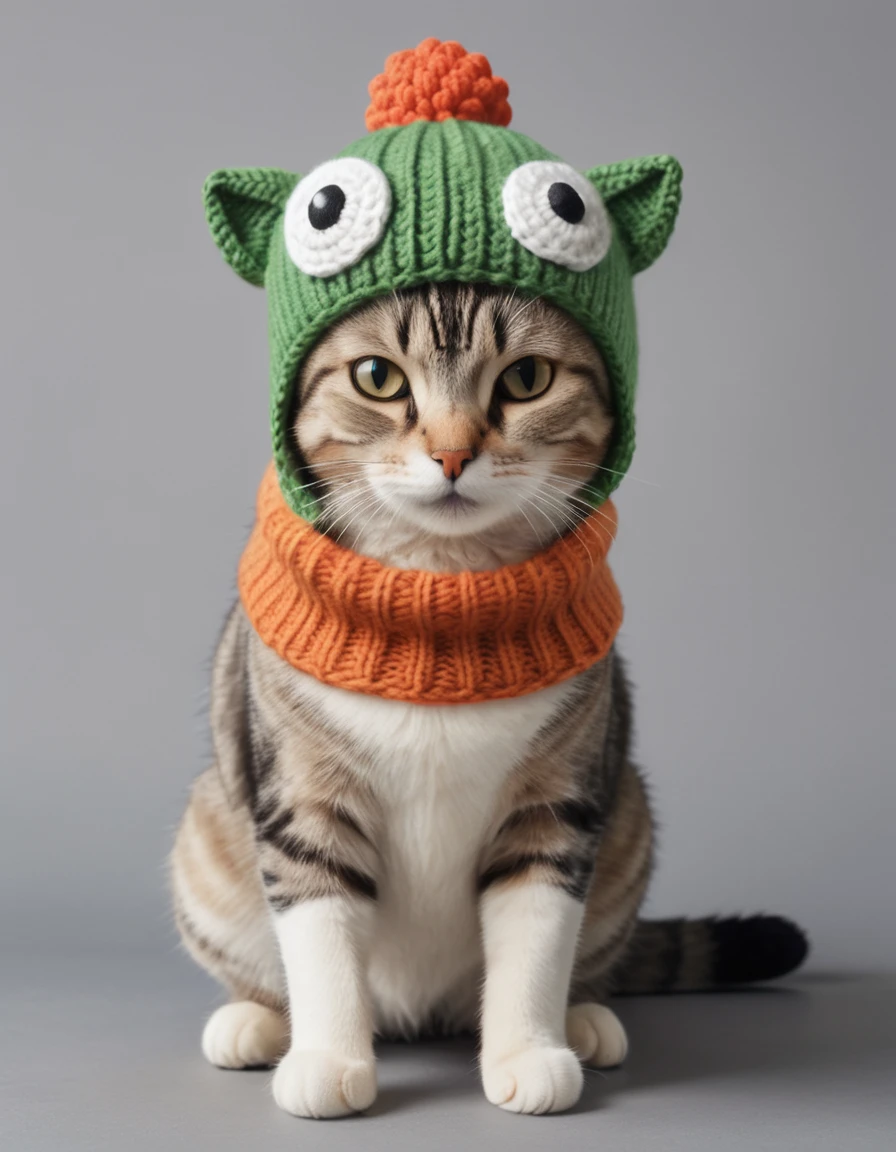 A cute cat dressed up wearing a knit yoshi hat, anatomically correct, super detail, high quality
