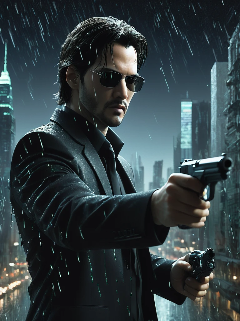 stunning black and white graphite sketch of Neo, panoramic shot, from The Matrix film trilogy, resembling the actor Keanu Reeves wearing a black suit and black shades, panoramic shot, from The Matrix film trilogy, in dynamic pose firing a gun in each hand, background and ambiance of the Matrix streaming binary code and cityscape at night in dynamic pose firing a gun in each hand, background and ambiance of the Matrix streaming binary code and cityscape at night, by Anna Razumovskay, (by Alyssa Monks:1.1), by Joseph Lorusso, by Lilia Alvarado, beautiful lighting, sharp focus, 8k, high res, (pores:0.1), (sweaty:0.8), Masterpiece, Nikon Z9, Award - winning photograph, --ar 16:9 --style raw --stylize 750 --niji 6, perfect composition, beautiful detailed intricate insanely detailed octane render trending on artstation, 8 k artistic photography, photorealistic concept art, soft natural volumetric lighting, cinematic perfect, wide angle view 