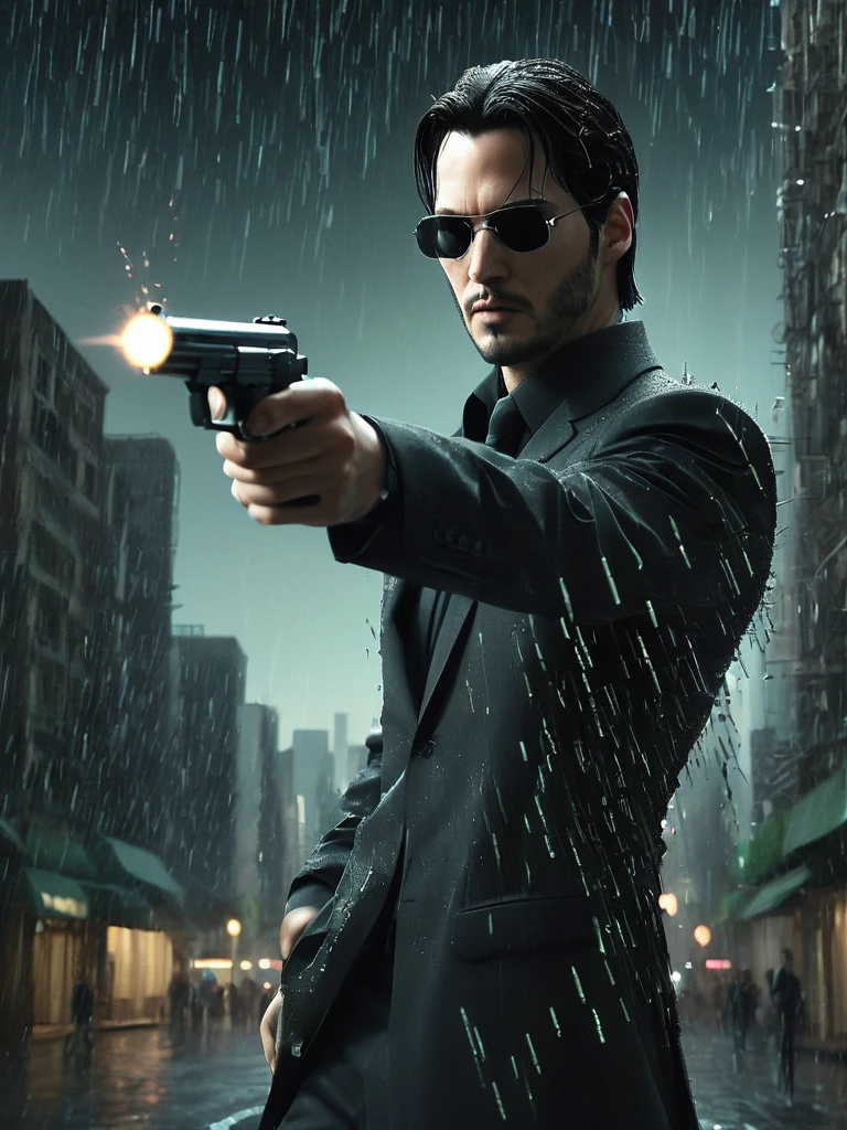 stunning black and white graphite sketch of Neo, panoramic shot, from The Matrix film trilogy, resembling the actor Keanu Reeves wearing a black suit and black shades, panoramic shot, from The Matrix film trilogy, in dynamic pose firing a gun in each hand, background and ambiance of the Matrix streaming binary code and cityscape at night in dynamic pose firing a gun in each hand, background and ambiance of the Matrix streaming binary code and cityscape at night, by Anna Razumovskay, (by Alyssa Monks:1.1), by Joseph Lorusso, by Lilia Alvarado, beautiful lighting, sharp focus, 8k, high res, (pores:0.1), (sweaty:0.8), Masterpiece, Nikon Z9, Award - winning photograph, --ar 16:9 --style raw --stylize 750 --niji 6, perfect composition, beautiful detailed intricate insanely detailed octane render trending on artstation, 8 k artistic photography, photorealistic concept art, soft natural volumetric lighting, cinematic perfect, wide angle view
