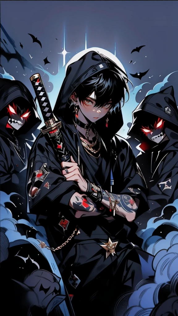 A teenager with black hair stands defiantly in the center of the frame, deep blue background. wearing a black open hoodie, revealing intricate tattoos on arms. katana, its blade glinting with an ominous light. Menacing figures with glowing red eyes surround, the open hoodie reveal a collection of gold chains and jewels. The scene is dark and intense, with smoke swirling around the characters