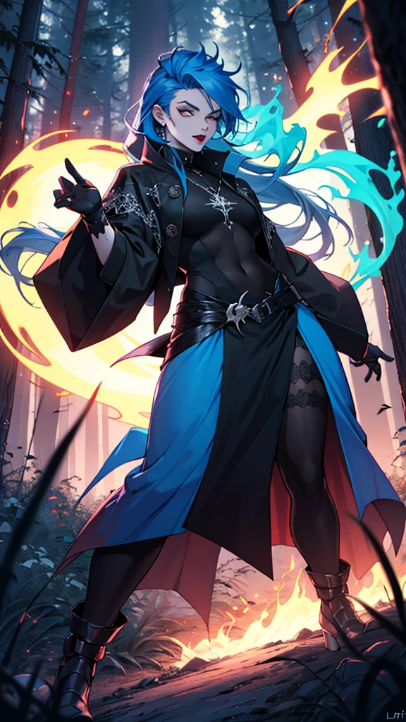 Ultra detailed, clothes details, spiders, fashion, goth, lattin drag queen, hole body, blue fire witch, long blue hair, dark clothing, forest, night, magic, fight, pose
