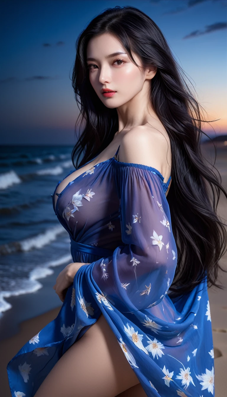 4K resolution, 8K resolution, beautiful, Highest quality, Absolutely wonderful, Very detailed, Ultra-high resolution, masterpiece, RAW Photos, Realistic, Depth of written boundary, Cinematic Light, 
One elegant mature woman, 
Long black hair, 精巧なディテールのbeautiful顔, Sensual look, Heavy eye make-up, Transparent white skin, Very sensitive skin, Great proportions, Glamorous Body, Anatomically correct body, 
Beach Dresses, Summery design, Beautifully detailed pattern, Detailed cloth texture, 
(Night sky background:1.1), (Dark sandy beach at night:1.1),
Cinematic Angle, 