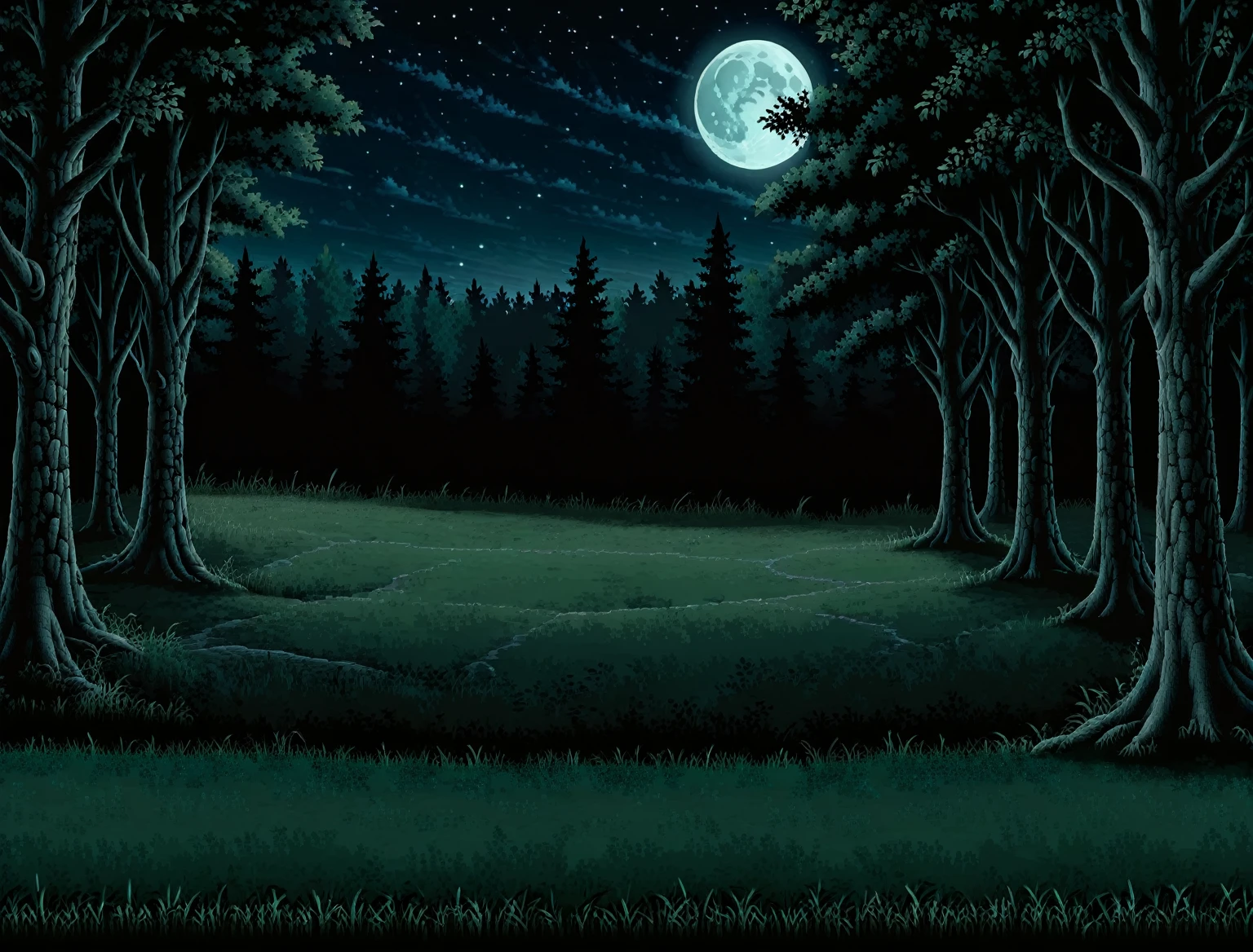 Side view of a forest battleback, background, clean and plain floor, medieval forest battleback, at night, good moonlight, side-view, masterpiece, trees in background