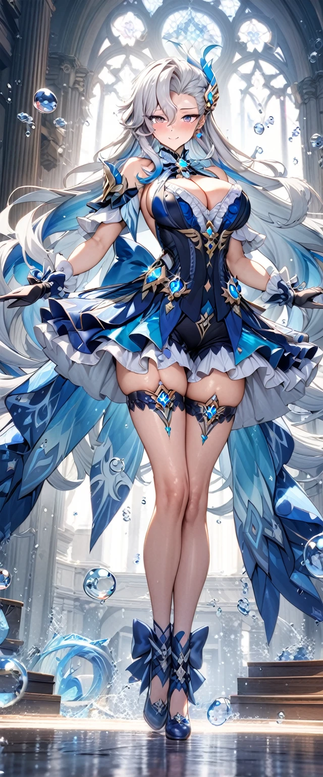 (masterpiece), best quality, expressive eyes, perfect face,1girl,neuvillette,genshin impact,courtroom,water bubbles in the air,giant water bubbles,shy smile,blush,full body,glowing eyes,big breasts,cleavage,long hair,sapphire gems,bare shoulders,(magical girl:1.4),frilled dress,(showgirl skirt:1.2),studio lighting,(sparkle:0.9),(glitter:0.9)