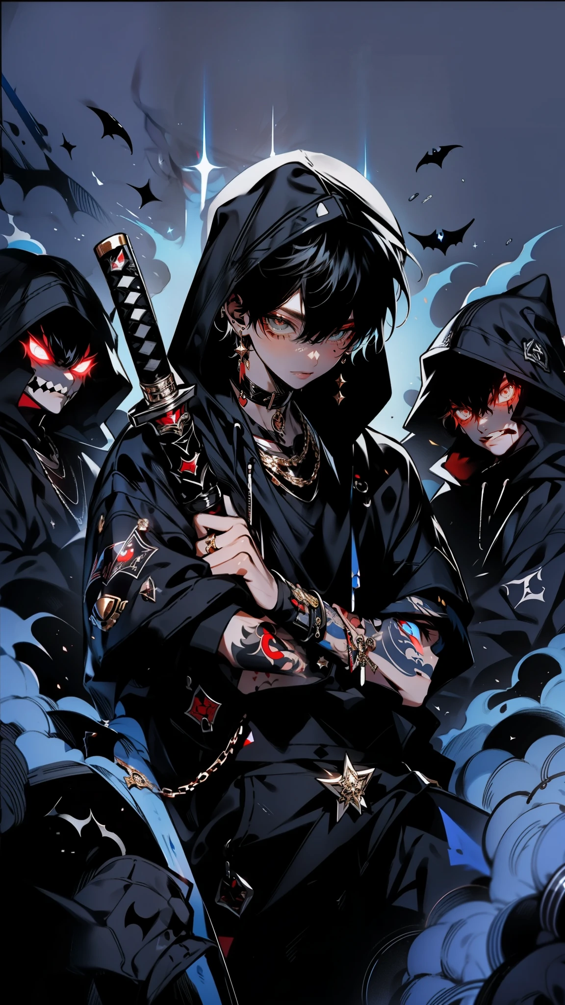 A ager with black hair stands defiantly in the center of the frame, deep blue background. wearing a black open hoodie, revealing intricate tattoos on arms. katana, its blade glinting with an ominous light. Menacing figures with glowing red eyes surround, the open hoodie reveal a collection of gold chains and jewels. The scene is dark and intense, with smoke swirling around the characters