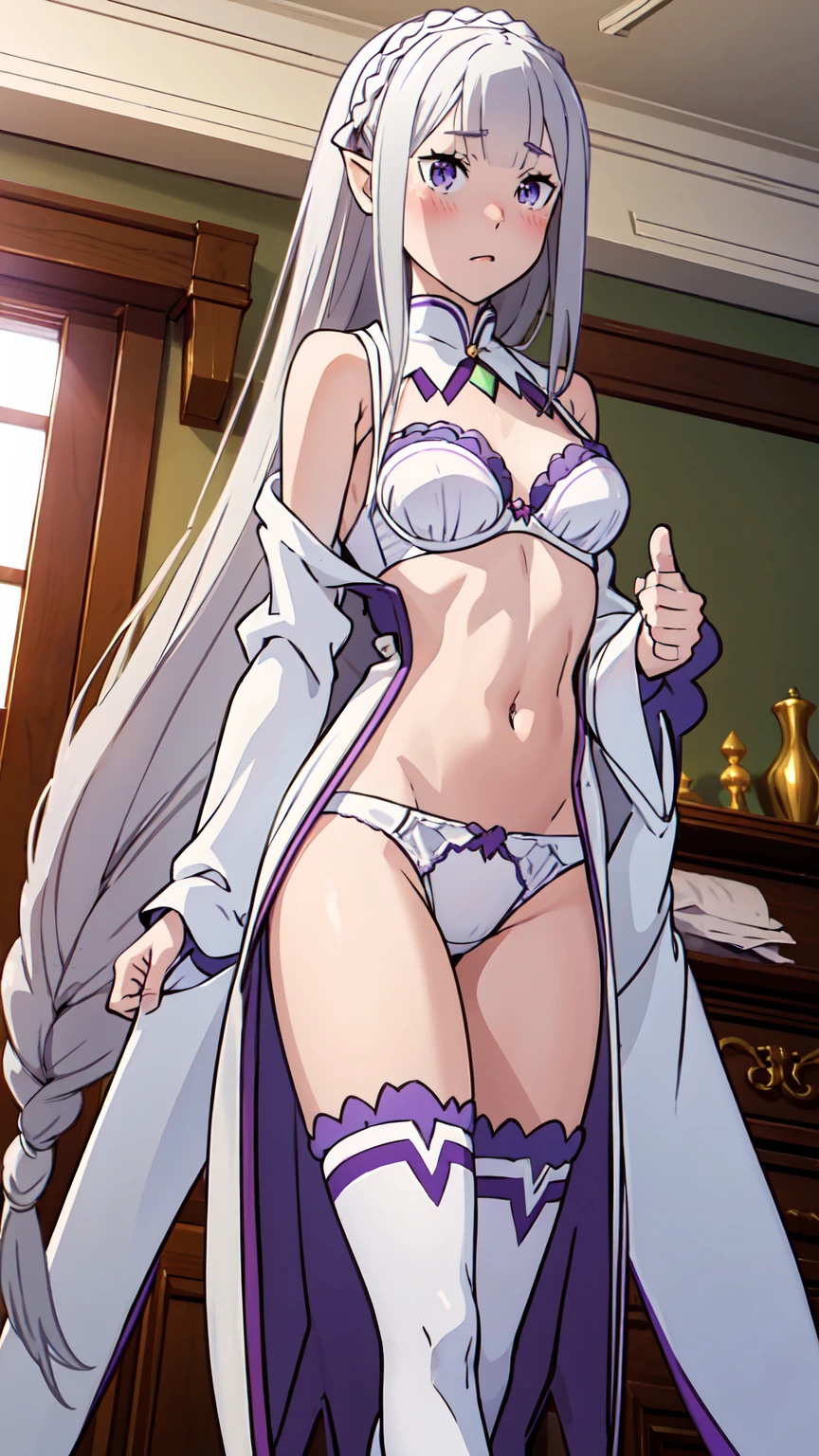 Absurd, High resolution, Super detailed, Emilia, Gray Hair, Purple eyes, Long hair tied low, Medium chest, Underwear only, White panties, White bra, Cowboy Shot, Are standing, Spread your legs, Thigh Gap, blush, View your viewers, indoor, Mansion