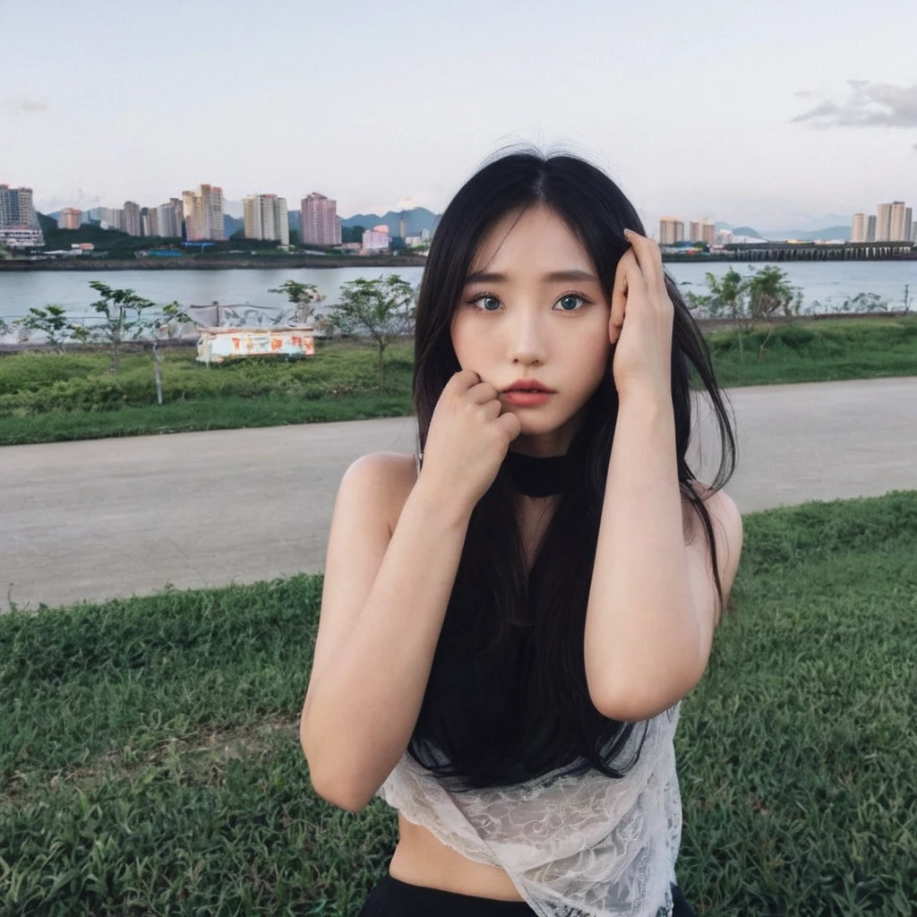 (RAW photos:1.2), (Reality:1.4), a beautiful asian woman, She covered most of her face with her hands，But you can still clearly see a pair of very detailed big eyes with double eyelids, Beautiful and delicate eyes, slim body, 4K resolution, High quality model, High Detail, HD, Face lighting, light  ，The background is the scenery of Taiwan，