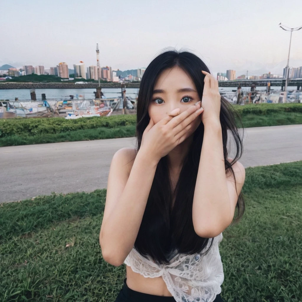 (RAW photos:1.2), (Reality:1.4), a beautiful asian woman, She covered most of her face with her hands，But you can still clearly see a pair of very detailed big eyes with double eyelids, Beautiful and delicate eyes, slim body, 4K resolution, High quality model, High Detail, HD, Face lighting, light  ，The background is the scenery of Taiwan，