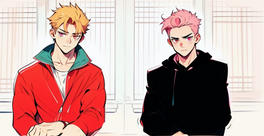 two boys with pink hair, pink eyes, they are 18 years old, in the background you can see the avenue with vehicles passing by.