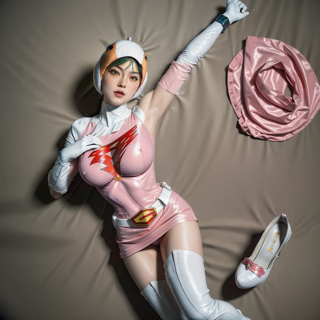 ANI_CLASSIC_jun_gatchaman_ownwaifu,1girl, ,good anatomy, masterpiece, best quality,realistic, hyperrealistic, 16k hdr, long hair,breasts,green eyes,lips,large breasts,lipstick,makeup,gloves,cape,helmet,belt,elbow gloves,white gloves,mask,ultra miniskirt,leotard,spacesuit,white tight overknee highheels boots,pink dress,superhero,bodysuit,cleavage,erected nipples,(lying flat poses, view from above),cameltoe